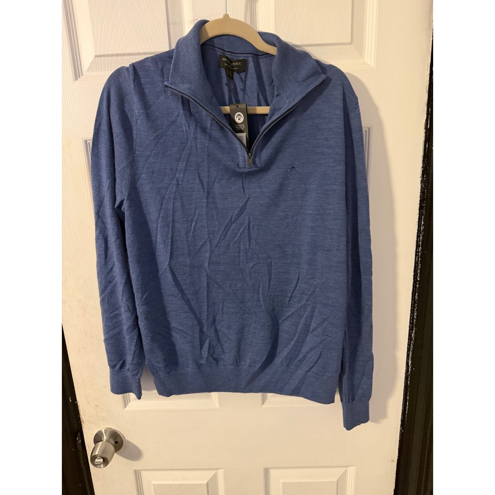 Banana Republic Mens L Blue 100% Merino Wool Quarter Zip Sweater NWT Hole